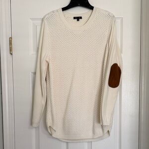 Cream Sweater with Brown Faux Suede Elbow Patches